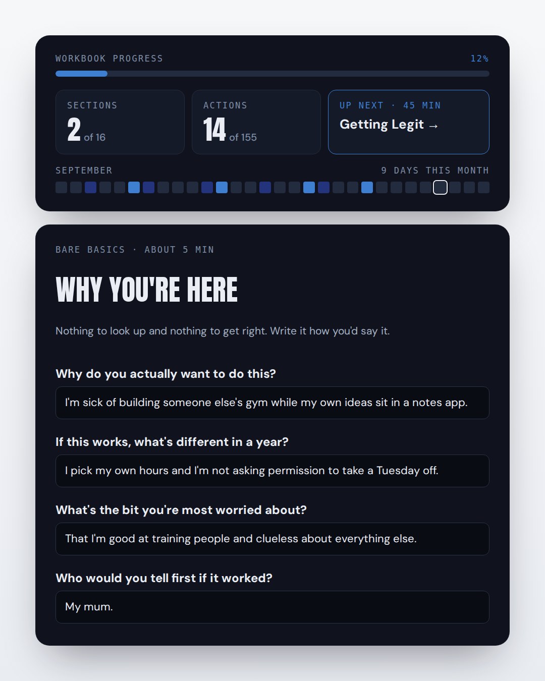 Workbook progress trackers and the first questions